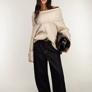 Oak+Fort Slouchy Ribbed Off-Shoulder Sweater